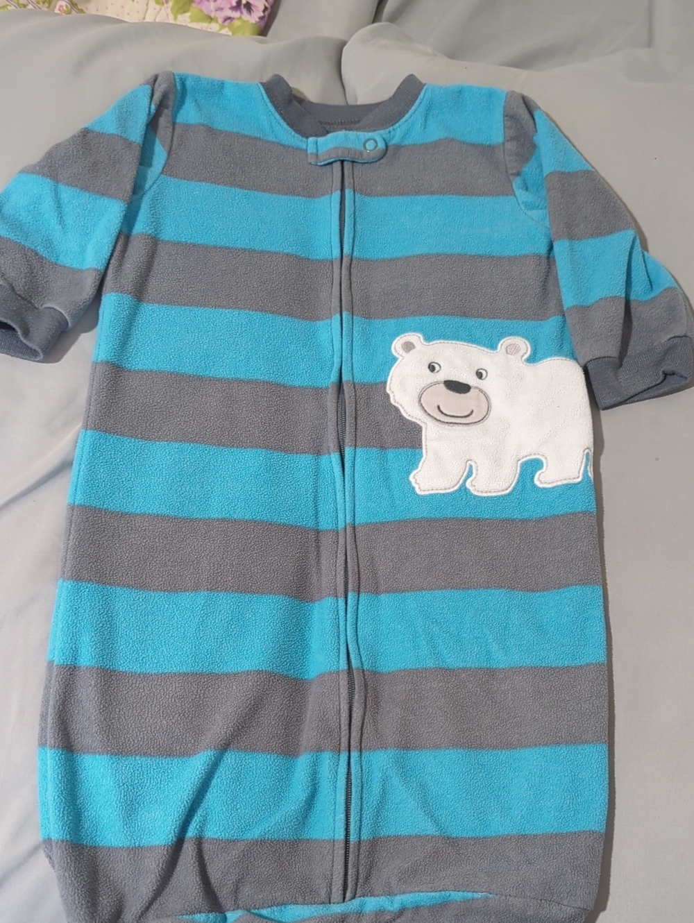 Blue and Gray Striped Baby Sleep Sack with Polar Bear